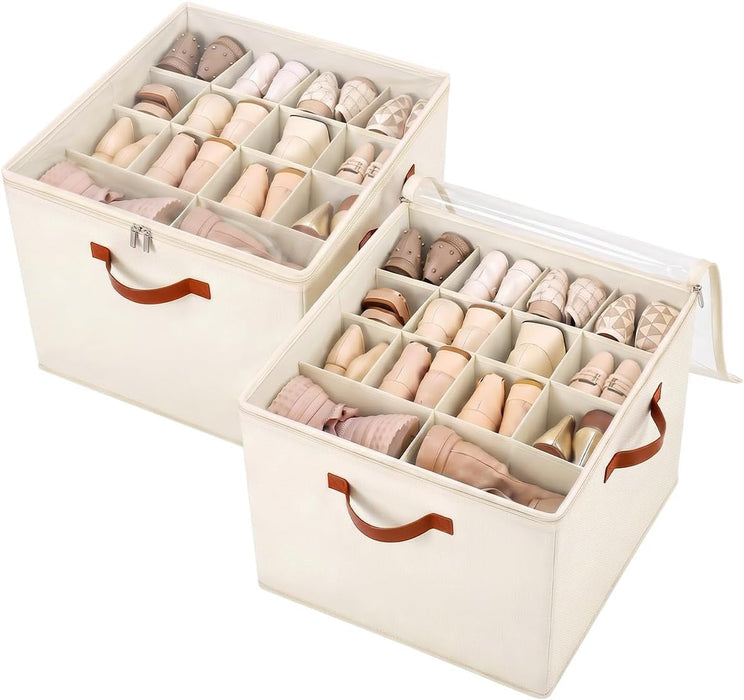 2 Pack Shoe Storage Organizer With Clear Lid-for Closet Wardrobe , Beige