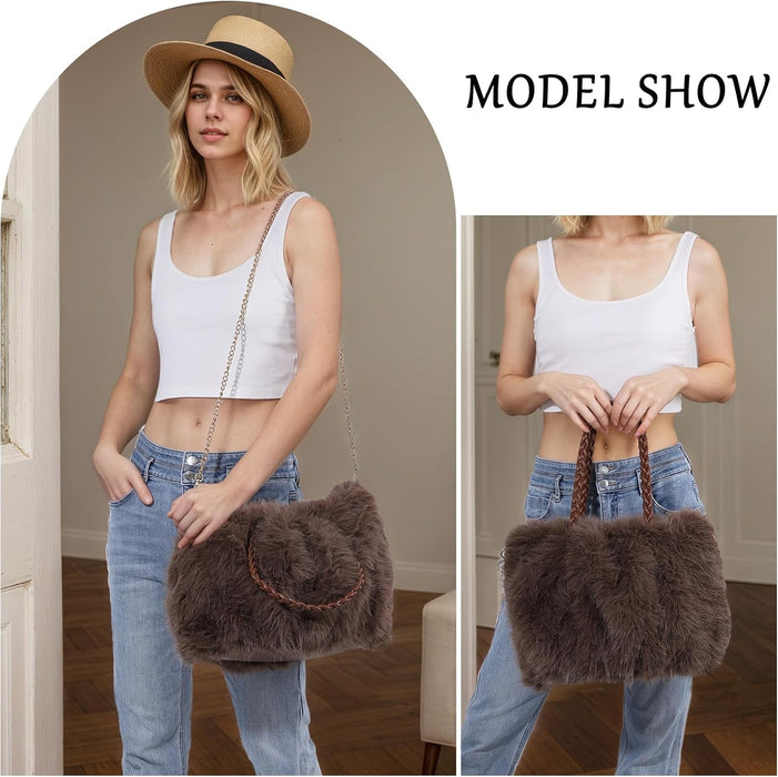 Women Furry Handbag Winter Fluffy Tote Bags Fuzzy Crossbody Shoulder Bag Faux Fur Purse