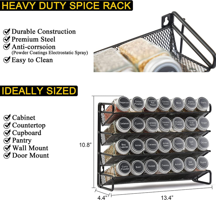 Spice Rack Organizer with 28 Spice Jars, 386 Spice Labels, Chalk Marker and Funnel Set for Cabinet, Countertop, Pantry, 