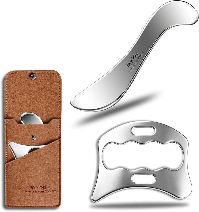 2 in 1 Travel Set, Stainless Steel Muscle Scraper Tools Set Physical Therapy & Deep Tissue Massage Tool (4-SD)