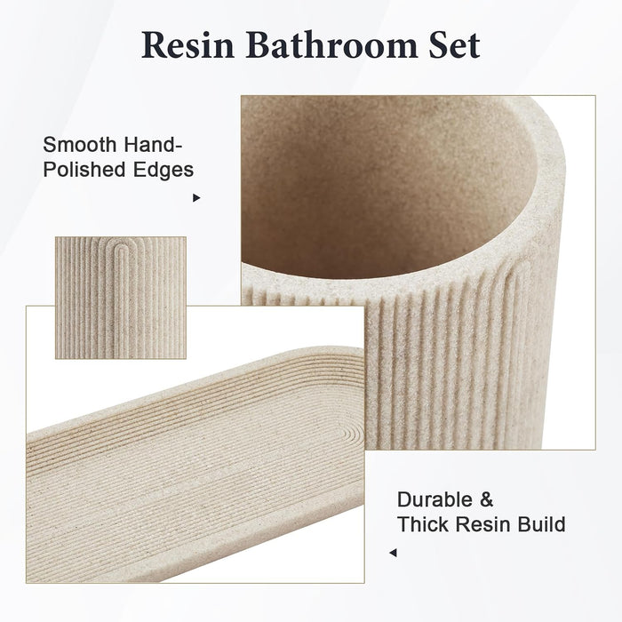Bathroom Accessories Set - 7-Piece Resin Bathroom Set, Toothbrush Holders for Bathrooms, Soap Dispenser, Qtip Holder Dispenser, Tumbler, Soap Dish & Tray（Beige