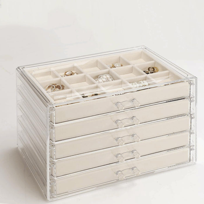 Earring Organizer 5 Drawers Acrylic Jewelry Box for Women, Warm White