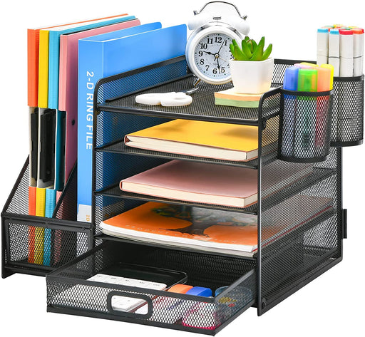 Desk Organizer with File Holder, 5-Tier Paper Letter Tray Organizer with Drawer and 2 Pen Holder, Mesh Desktop Organizer