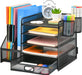 Desk Organizer with File Holder, 5-Tier Paper Letter Tray Organizer with Drawer and 2 Pen Holder, Mesh Desktop Organizer