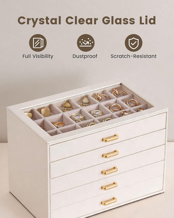Earring Organizer, Jewelry Box with Clear Lid -Beige, 5 Layer
