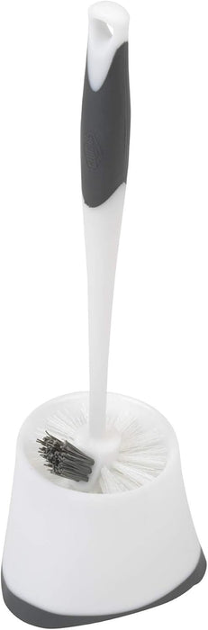 Corner Toilet Bowl Brush with Under Rim Scrubber, Includes Corner Storage Caddy, White