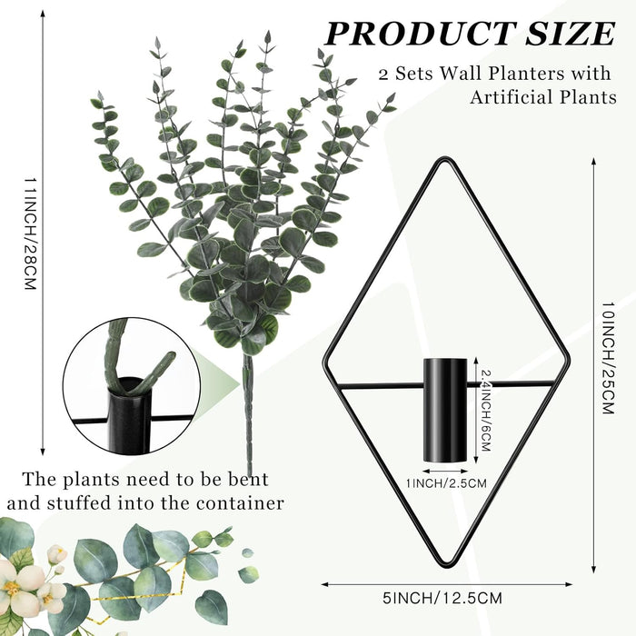 2 Pcs Hanging Artificial Planters Wall Decor, Black, Eucalyptus