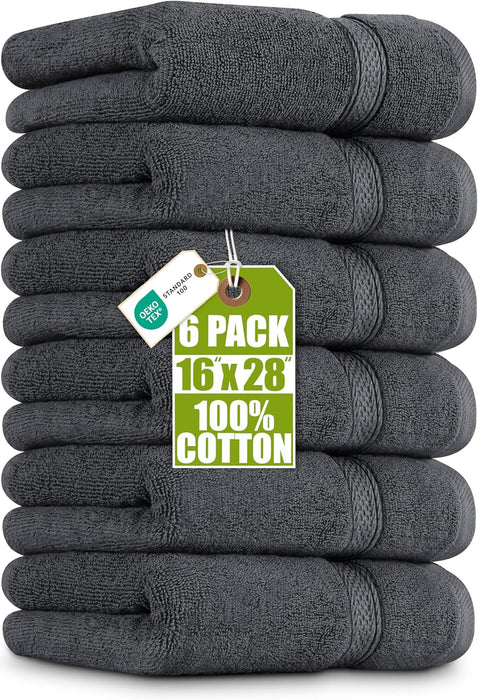 6 Pack Premium Hand Towels, 16x28 in, 600 GSM Cotton, Grey