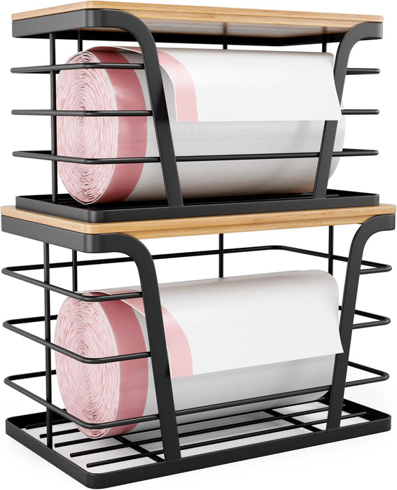 2 Pack Stackable Storage Laundry Kitchen Organizers, Wall Mount Trash Bag Holder with Bamboo Top and Garbage Bag Dispens