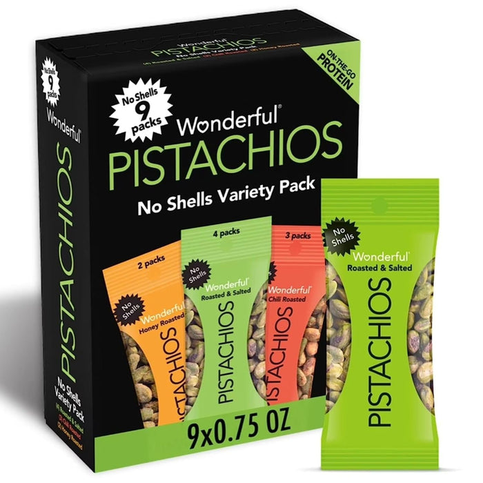 No Shells, 3 Flavors Mixed Variety Pack of 9 (0.75 Ounce), Roasted & Salted Nuts (4), Chili (3), Honey (2), Protein Snacks, Gluten Free, Healthy Snacks Variety Pack for Adults