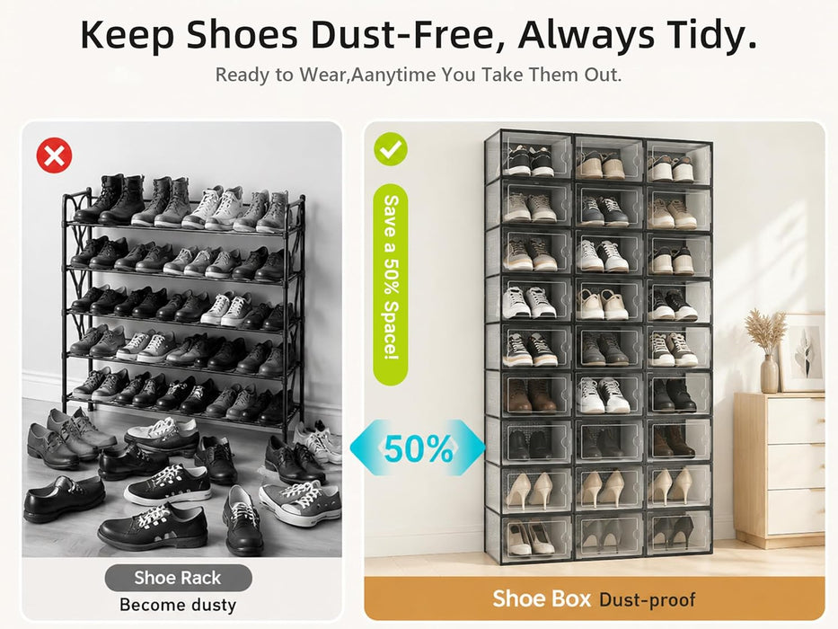 X-Large Shoe Storage Boxes 12 Pack, Clear Stackable Shoe Organizer