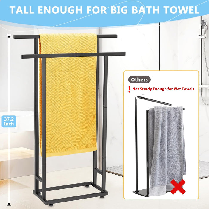 2-Tier Tall Towel Rack for Bathroom, Freestanding Towel Stand Drying Rack for Oversized Bath Towels, Poolside, Bathroom,