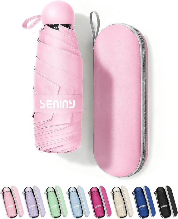 Mini Travel Umbrella with Case, Compact Pocket Size UV Sun & Rain