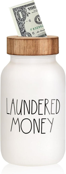 Laundry Room Decor & Organization - Premium Matte White Glass Coin Bank with Wood Lid - Rustic Farmhouse Money Jar for L
