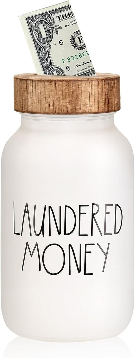Laundry Room Decor & Organization - Premium Matte White Glass Coin Bank with Wood Lid - Rustic Farmhouse Money Jar for L