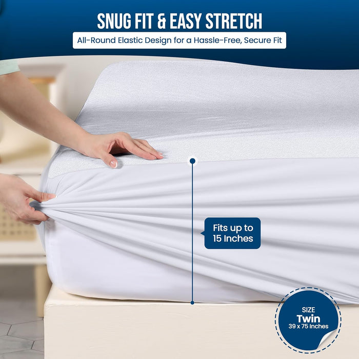 Waterproof Mattress Protector Twin Size, Premium Terry Mattress Cover 200 GSM, Breathable, Fitted Style with Stretchable Pockets (White)