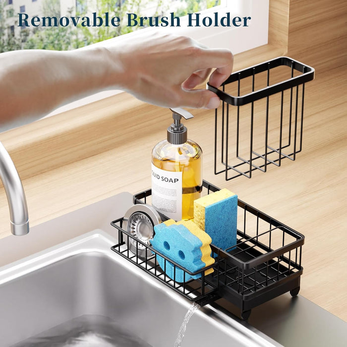 Sponge Holder for Kitchen Sink - Auto Draining Sink Caddy Organizer with Detachable Rack, High Brush Holder, Kitchen Cou