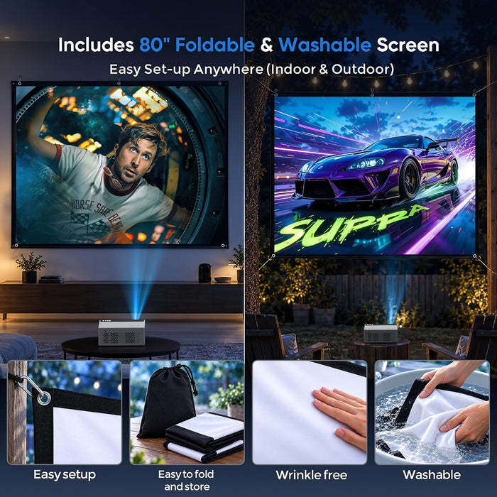 Native 1080P Mini Portable Projector, 2-way Bluetooth, with 80in Screen