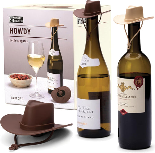 Howdy - 2-Pack Cowboy Hat Wine Stoppers – Fun Silicone Bottle Stoppers Keep Wine Fresh – Novelty Kitchen Gadgets & Cute 