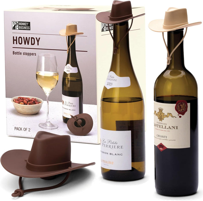 Howdy - 2-Pack Cowboy Hat Wine Stoppers – Fun Silicone Bottle Stoppers Keep Wine Fresh – Novelty Kitchen Gadgets & Cute 