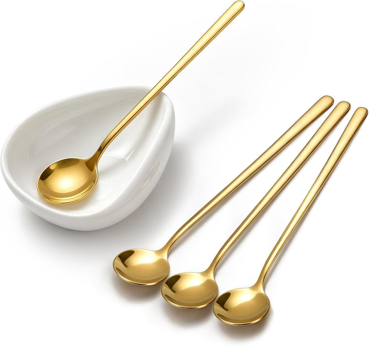 4 Gold Coffee Spoons 6.7in and 1 Ceramic Spoon Rest,Coffee Bar Accessories