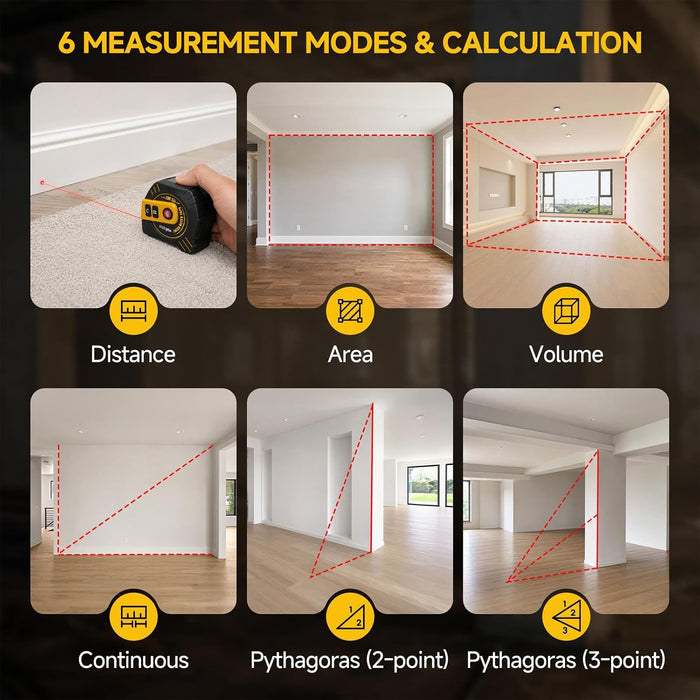 2-in-1 Laser Tape Measure, 197Ft Rechargeable Laser Measuring Tool & 16Ft Measuring Tape with LCD Display - Pythagorean, Area, Volume Digital Tape Measure for Construction & DIY (M/in/Ft)