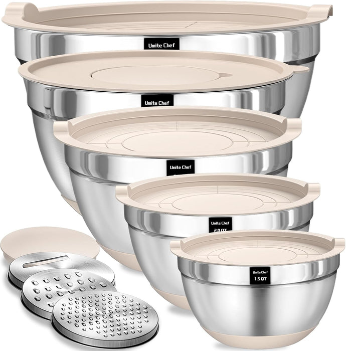 Mixing Bowls with Airtight Lids Set, 8PCS Stainless Steel Nesting Bowls with Grater Attachments, Non-Slip Bottoms, 5, 4,