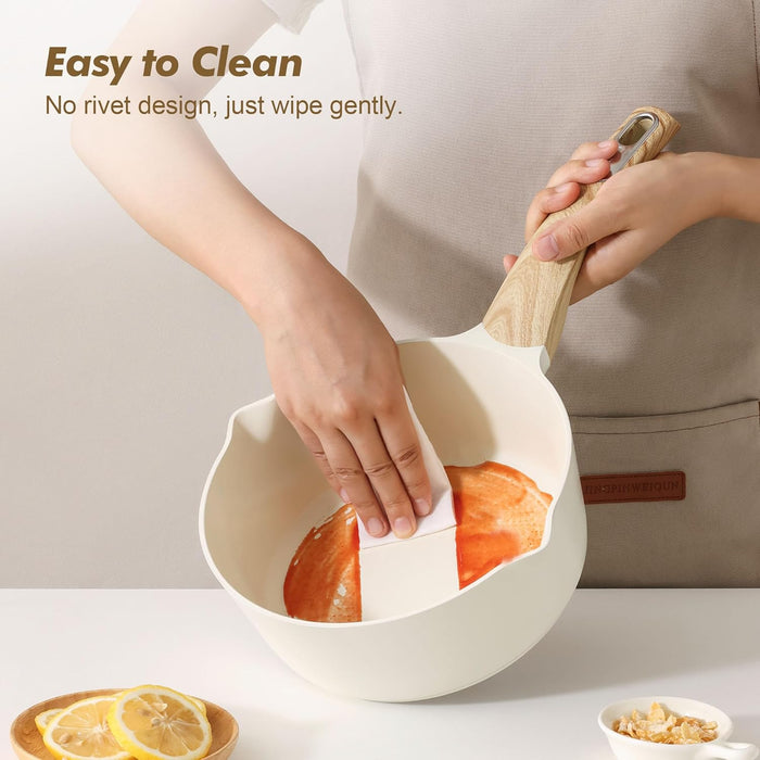 Ceramic Nonstick Sauce Pan with Lid, 1.5 Quart Small Saucepan, White Cooking Pot with Stay Cool Handle, Non toxic Kitchen Sauce Pot, Non stick Sauciers, Induction Pot, PFOA PTFE PFAS Free