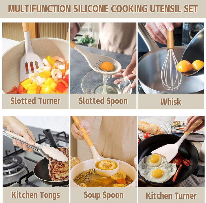 Kitchen Cooking Utensils Set, 33 pcs Non-Stick Silicone Cooking Kitchen Utensils Spatula Set with Holder, Wooden Handle 