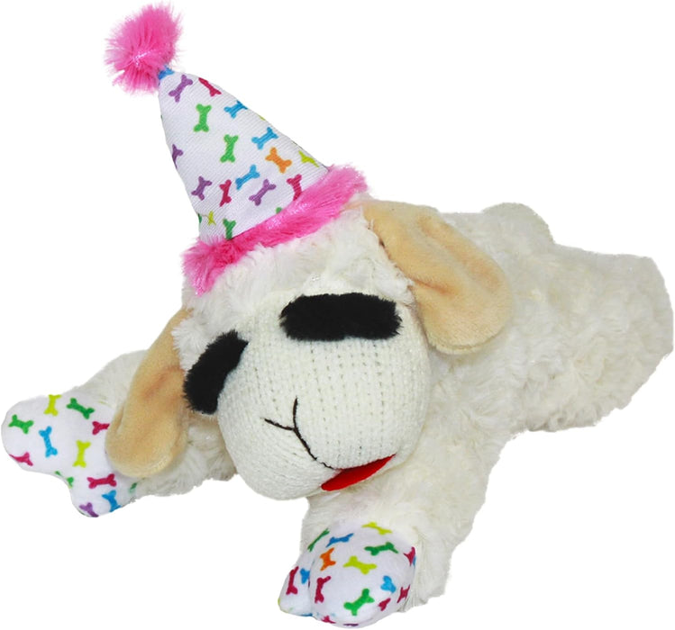Lamb Chop Dog Plush Toy with Birthday Hat - Squeaky Dog Toy