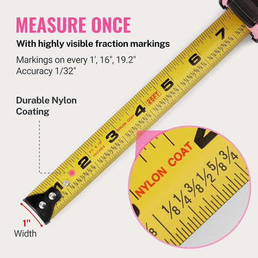 25-FT Tape Measure with Fractions, 3 Brakes Retractable Measuring Tape, Compact Measurement Tape with Magnetic Hook, Nyl