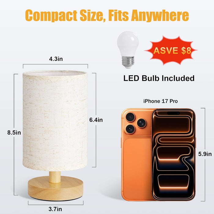 8.5" Small Table Lamp for Bedroom - Inline Switch Bedside Lamp