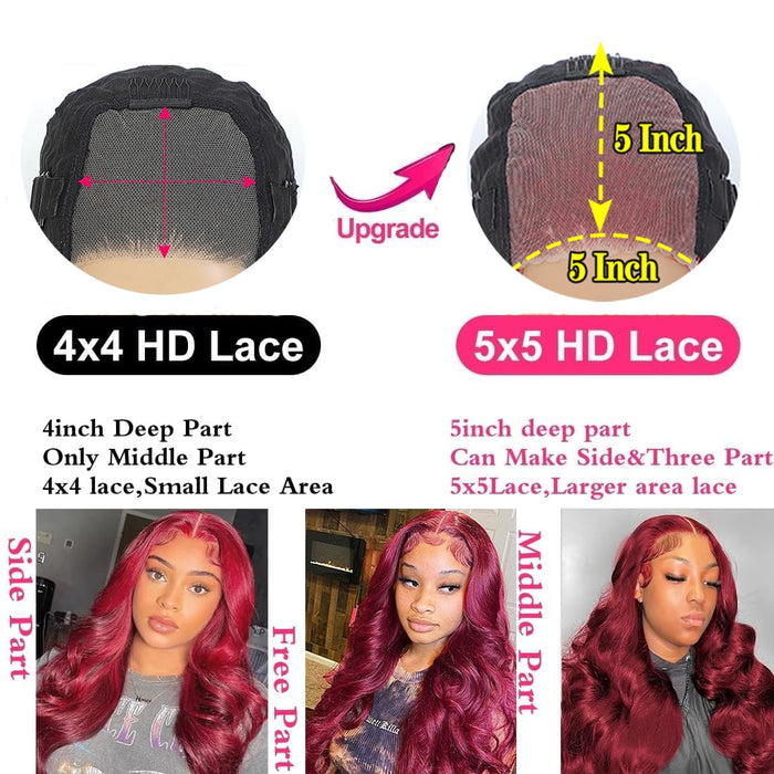 Wear and Go Glueless Wigs Human Hair Pre Plucked Pre Cut 5x5 HD Lace Closure Wigs Human Hair 99j Burgundy Lace Front Wigs Human Hair for Beginners 180% Density Body Wave Ready to Wear Wigs 20 Inch