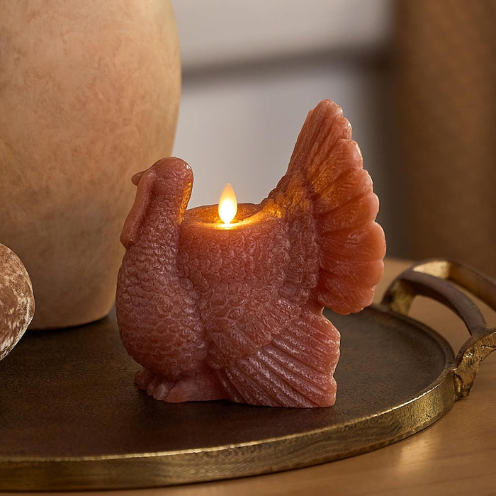 Turkey Flickering LED Candle (5.25" x 6"), Timer Function, Real Unscented Flameless Wax, Chalky Finish, Caramel Café, Fall Harvest Decoration, Autumn Home Decor, Thanksgiving Table Decoration
