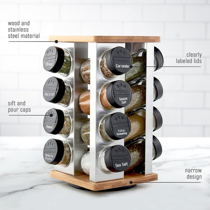 16 Jar Warner Revolving Countertop Spice Rack Organizer with Lift & Pour Caps and Spices Included, FREE Spice Refills for 5 years, Stainless Steel & Bamboo with Black Caps