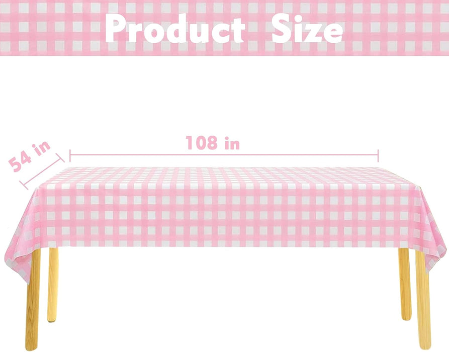 3 Packs Pink Gingham Tablecloth Pink and White Checkered Tablecloths 54 x 108 Inches Disposable Plastic Gingham Tablecov