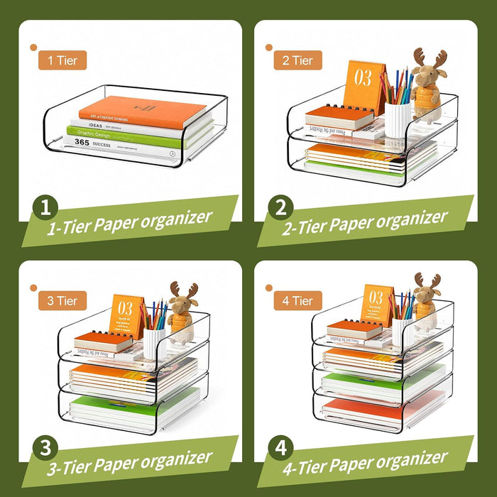 4-Tier Acrylic Paper Tray Organizer, Clear Stackable Desk File Organizer for Documents, Files, Letters, A4 Paper, Books,