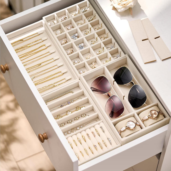 Velvet Jewelry Drawer Organizer Trays – 4-Layer Stackable Jewelry Storage Inserts Set, Beige Jewelry Tray Set for Earrin