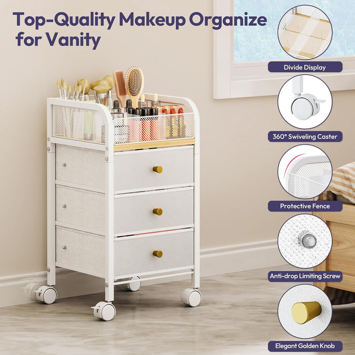 Rolling Makeup Organizer Cart - Under Desk Vanity Makeup Storage with 3 Non-woven Drawers, Nail Cart Organizer Cosmetic Display Cases Cabinet for Skin Care Perfume Nail Polish Brush Hair Tool