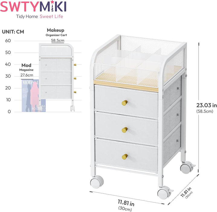 Rolling Makeup Organizer Cart - Under Desk Vanity Makeup Storage with 3 Non-woven Drawers, Nail Cart Organizer Cosmetic Display Cases Cabinet for Skin Care Perfume Nail Polish Brush Hair Tool