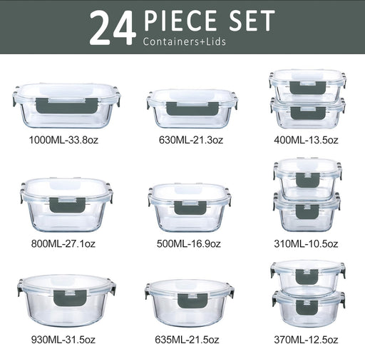 24 Piece Glass Food Storage Containers with Lids,Gray