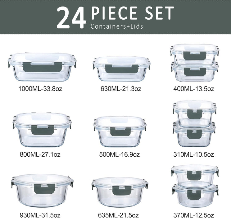 24 Piece Glass Food Storage Containers with Lids,Gray