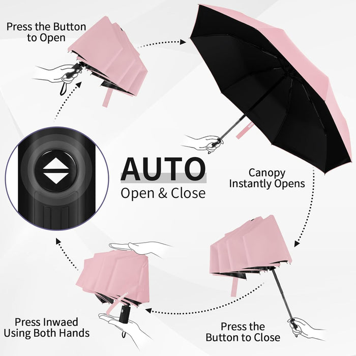 Windproof Automatic Travel Umbrella, Compact Folding UV Sun & Rain
