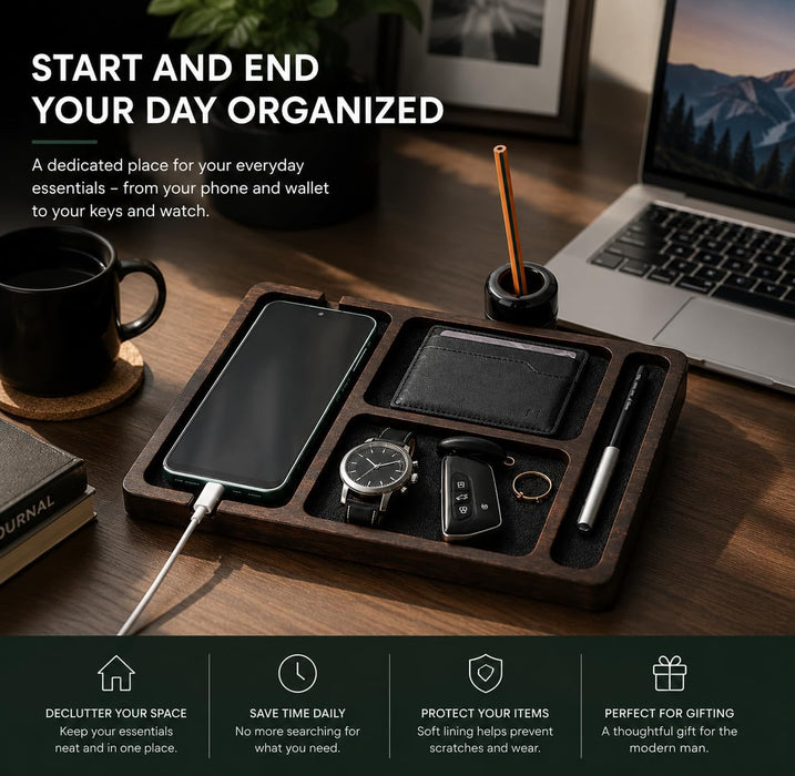 Desk Organizer Tray for Men with Ceramic Pen Holder, Wooden Valet Tray, Minimalist EDC Desk Organizer for Phone, Wallet, & Keys, Nightstand Bedside, Entryway, Birthday Gift for Him