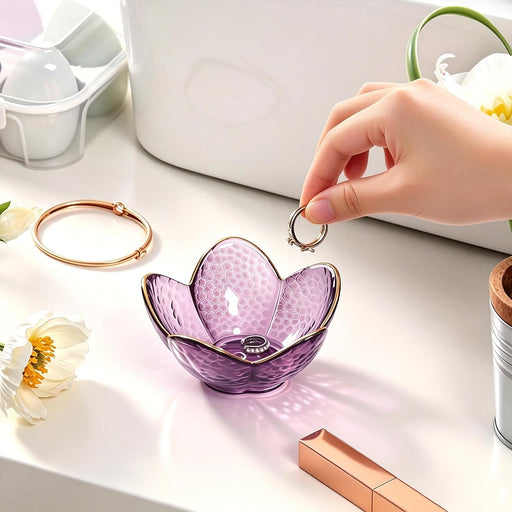 Purple Flower Jewelry Dish Glass Ring Holder Dish Jewelry Tray Cute Vanity Organizer Aesthetic Nightstand Bathroom Room 