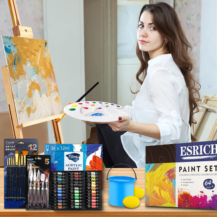 Acrylic Paint Set, 64PCS Painting Supplies with Wood Easel
