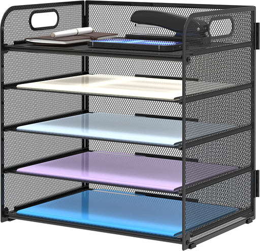 5 Trays Paper Organizer Letter Tray with Handle-Mesh Desk File Holders, Paper Sorter Desk Organizer for Office, Home, Cl