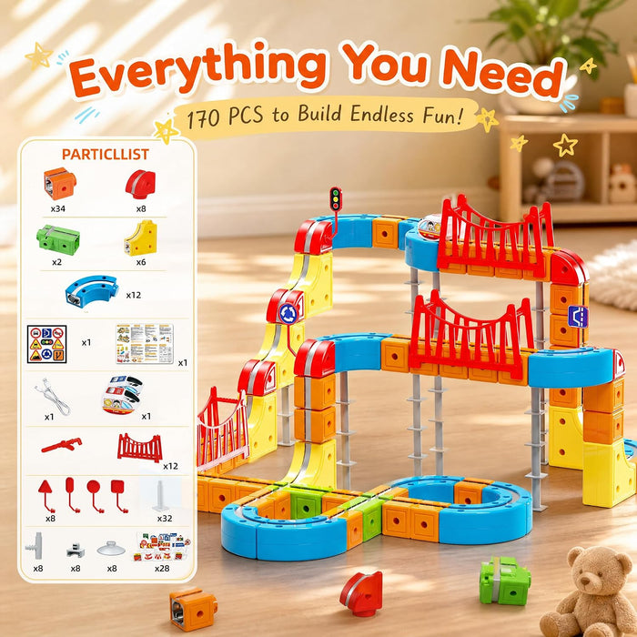 Electric Train Set for Kids, Race Track Car STEM Kit (170 Pcs)