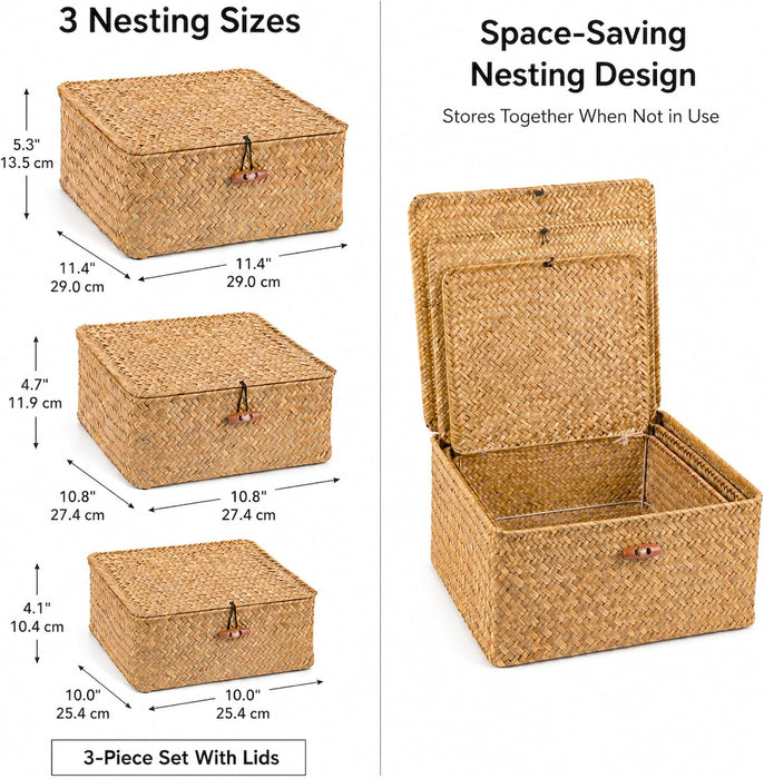 Square Handwoven Seagrass Wicker Storage Baskets with Lids, Set of 3