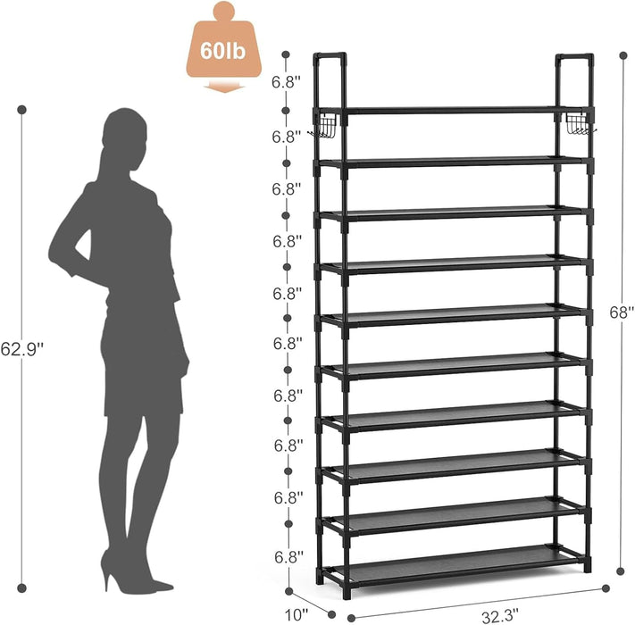 10 Tier Shoe Rack Tall Large Capacity Wide Shoe Organizer with Two Hooks Sturdy Metal Shoe Shelf for Entryway, Closet, B
